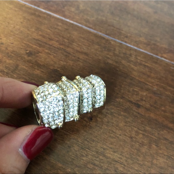Gold-tone Full Finger Rhinestone Two Band Ring - Picture 2 of 5